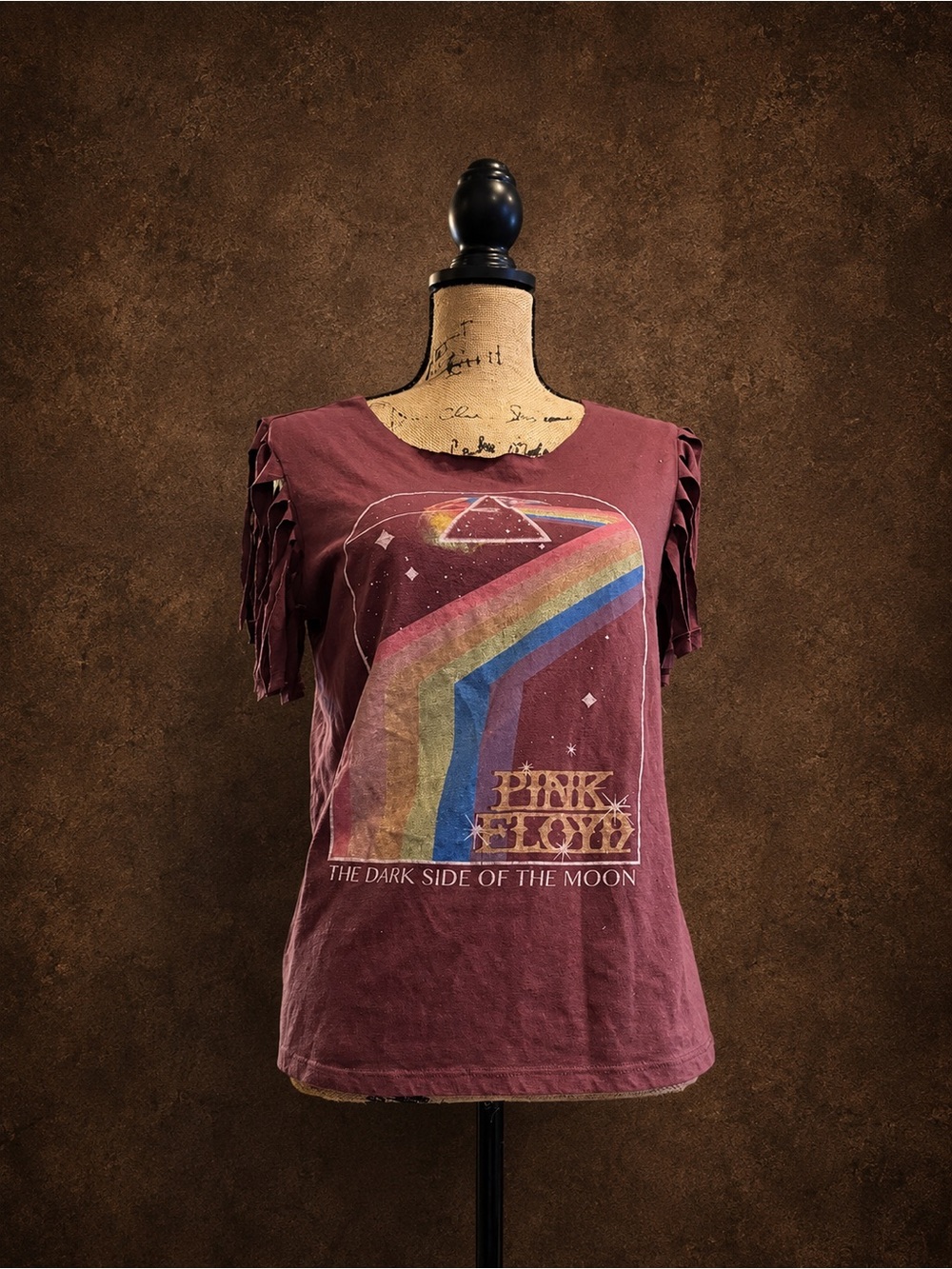 Pink Floyd Women's Burgundy Tee with Rainbow Prism Graphic